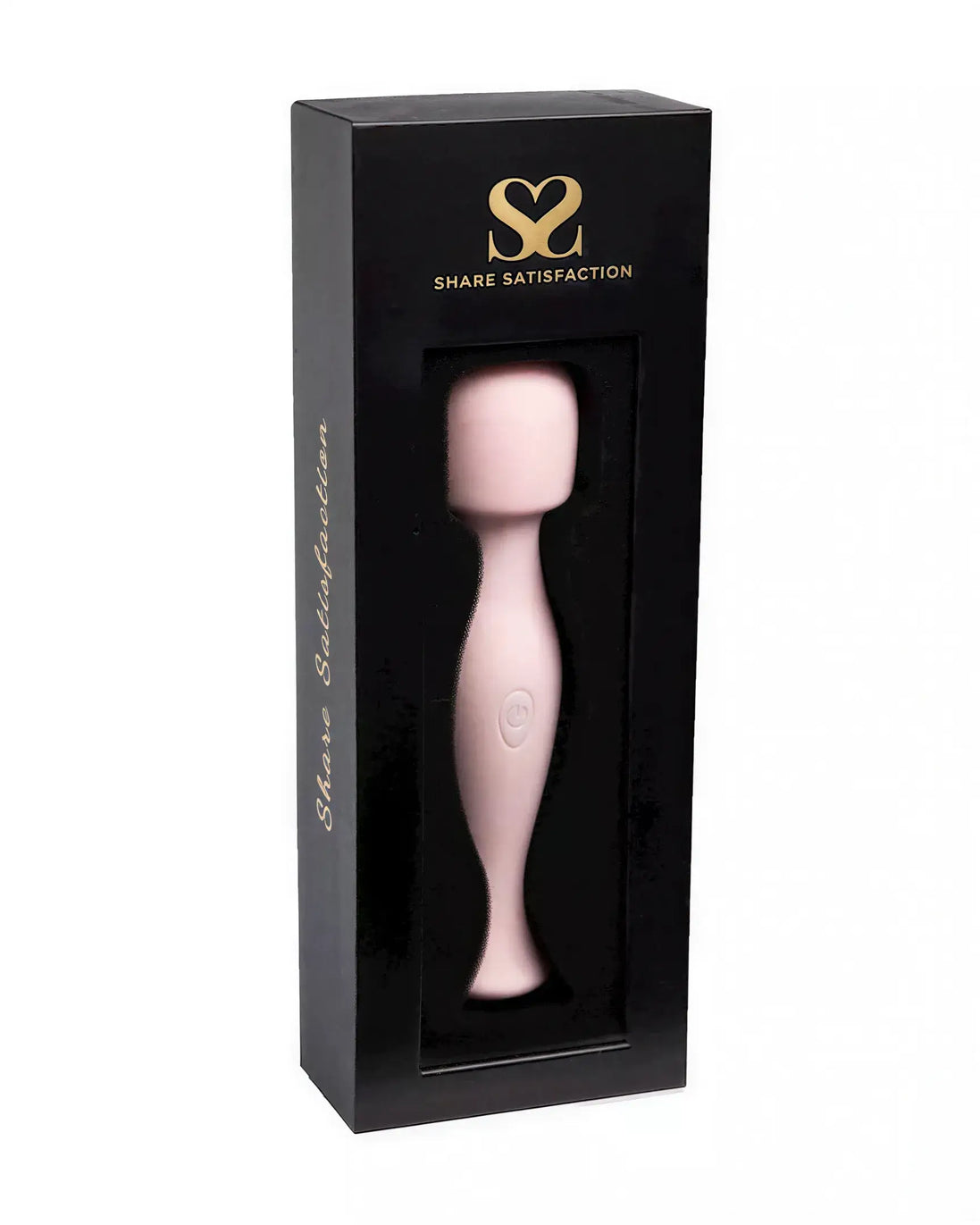 Share Satisfaction Mini Wand in a black box with a clear window, featuring a pink wand design and logo.