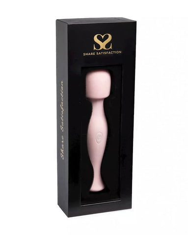 Share Satisfaction Mini Wand in a black box with a clear window, featuring a pink wand design and logo.