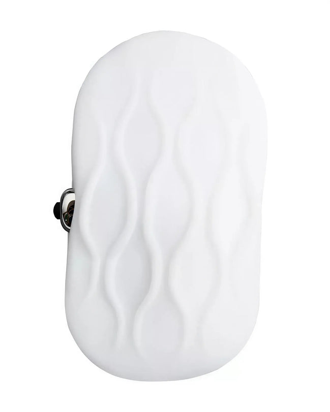 Share Satisfaction Stroker in white, featuring a textured surface with wave patterns and a side button for functionality.