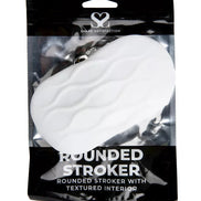 Rounded white stroker with textured interior, packaged in a black and clear plastic bag.