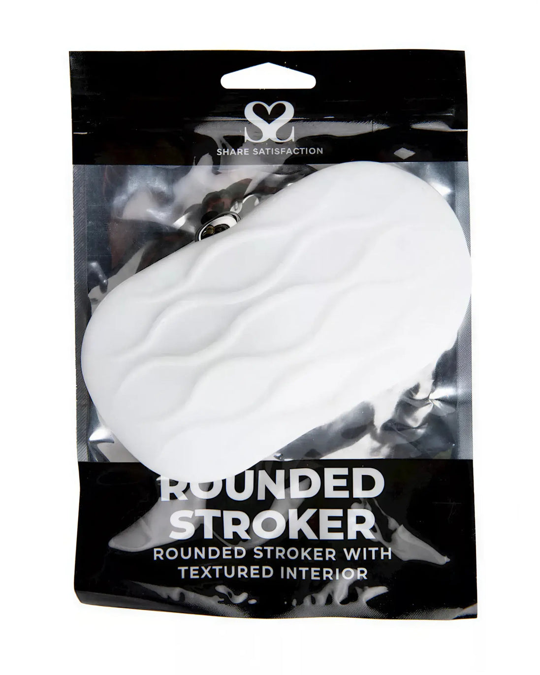 Rounded white stroker with textured interior, packaged in a black and clear plastic bag.
