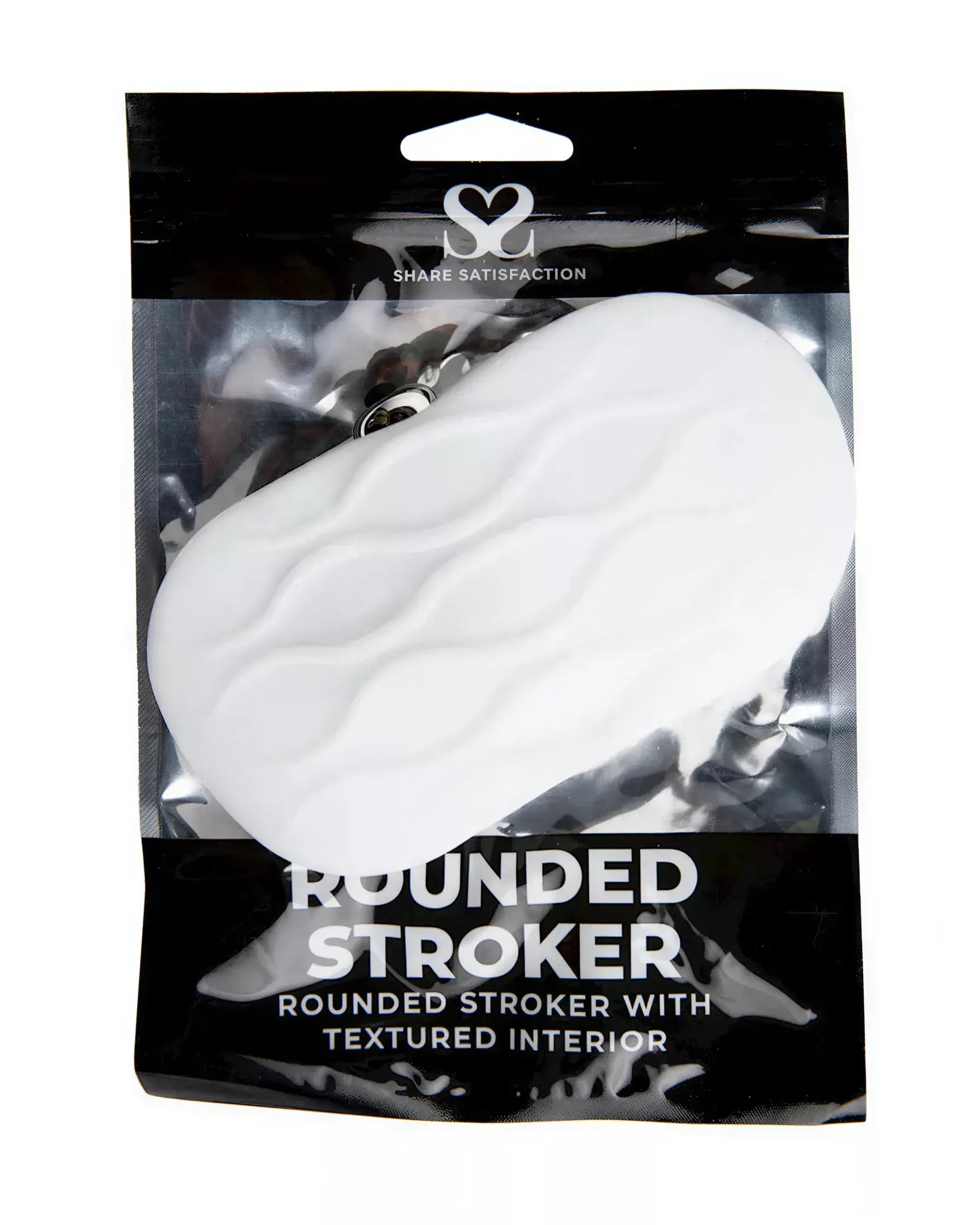 Rounded white stroker with textured interior, packaged in a black and clear plastic bag.