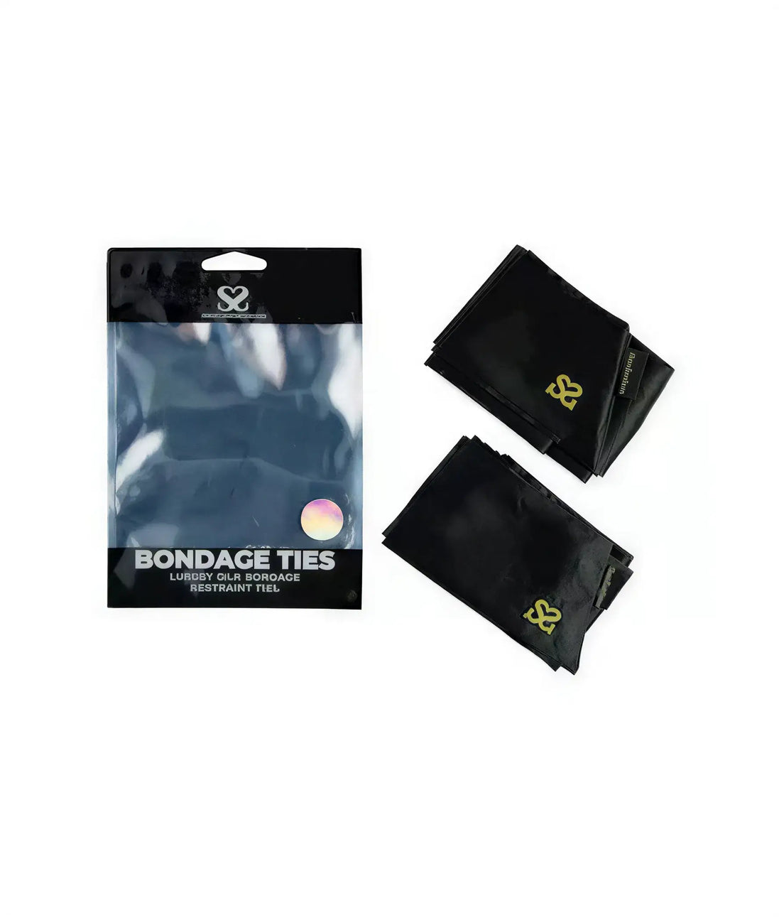 Share Satisfaction luxury bondage ties in black packaging with two ties visible, featuring a gold logo.