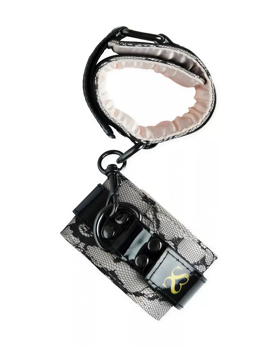Luxury handcuffs with black lace design and pink satin lining, featuring a secure clasp and adjustable strap.