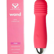 Share Satisfaction mini wand vibrator in pink with a textured head and silver base, alongside its pink packaging.