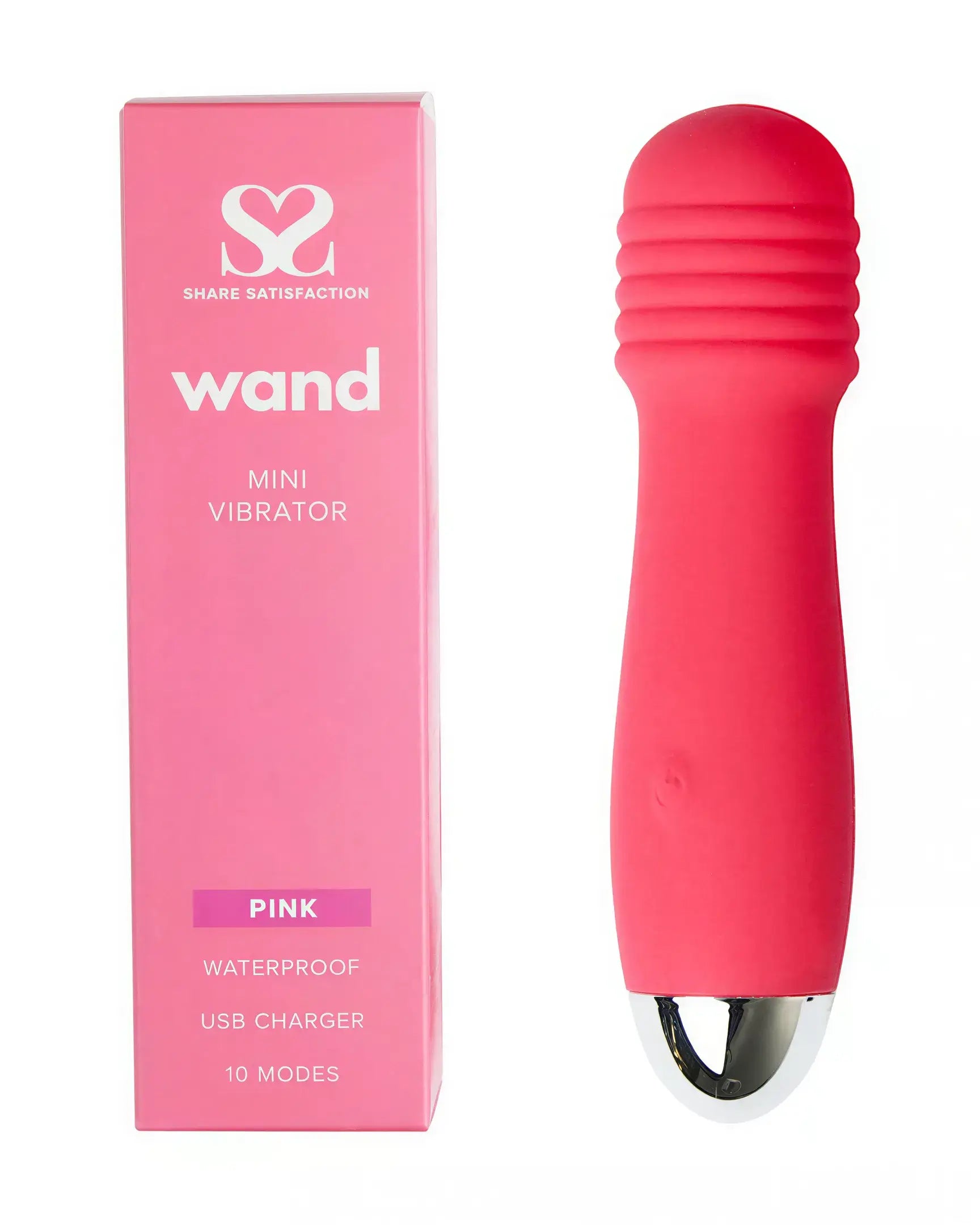 Share Satisfaction mini wand vibrator in pink with a textured head and silver base, alongside its pink packaging.