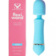 Share Satisfaction Mini Wand Flexi Head in aqua with a pink box, featuring waterproof design and USB charger.