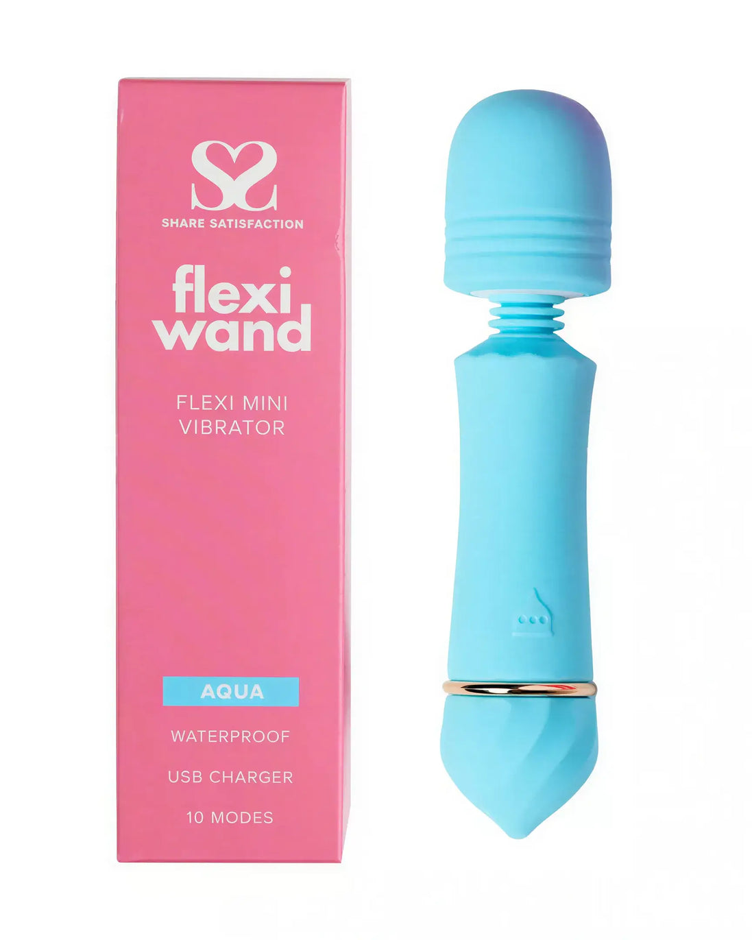 Share Satisfaction Mini Wand Flexi Head in aqua with a pink box, featuring waterproof design and USB charger.