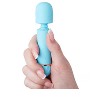 Share Satisfaction Mini Wand Flexi Head in light blue held in a hand, featuring a rounded top and smooth body design.
