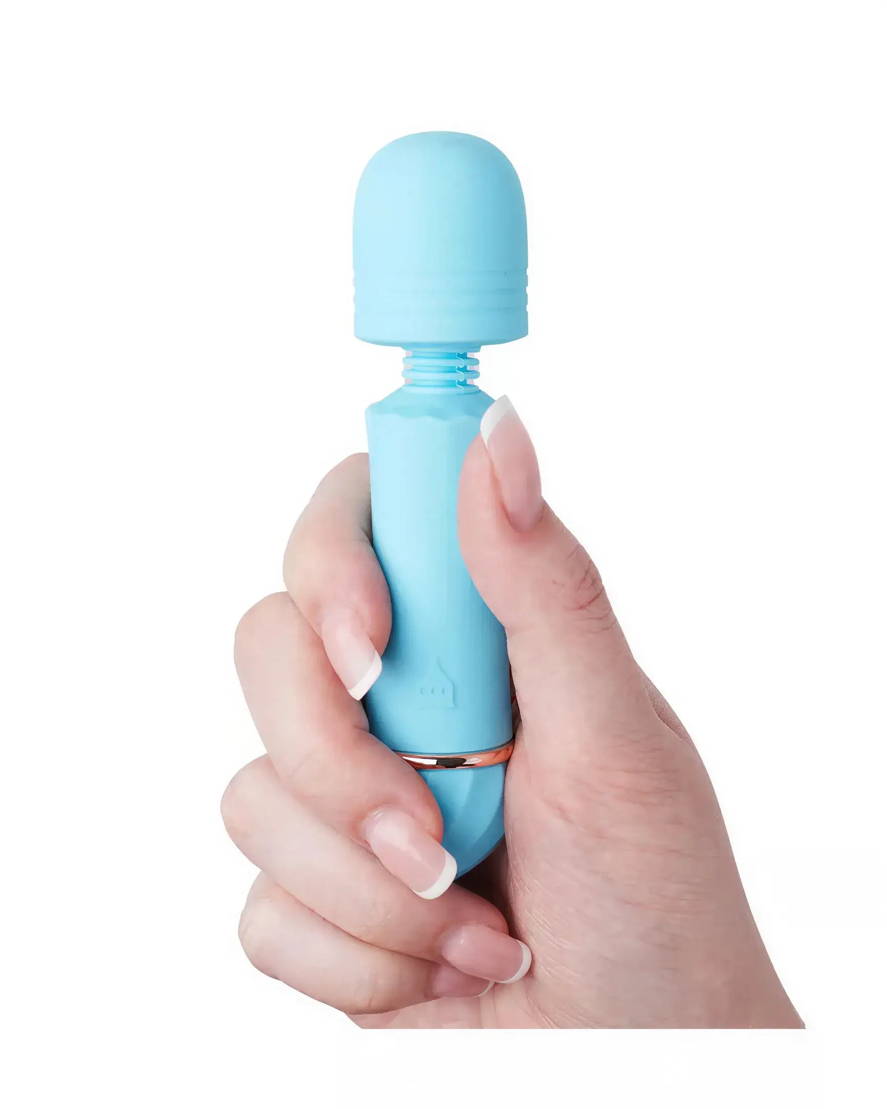 Share Satisfaction Mini Wand Flexi Head in light blue held in a hand, featuring a rounded top and smooth body design.