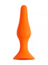 Large orange silicone butt plug with a tapered tip and flared base for stability.