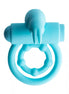 Share Satisfaction vibrating cock ring in light blue with a removable bullet and textured ring design.