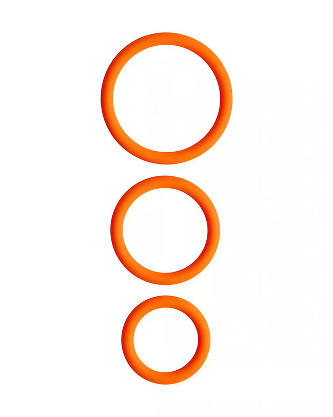 Share Satisfaction stamina cock ring set featuring three orange silicone rings in varying sizes arranged vertically.