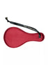 Luxury paddle in deep red with a black ribbon handle, featuring the text "Share Satisfaction" embossed on the ribbon.