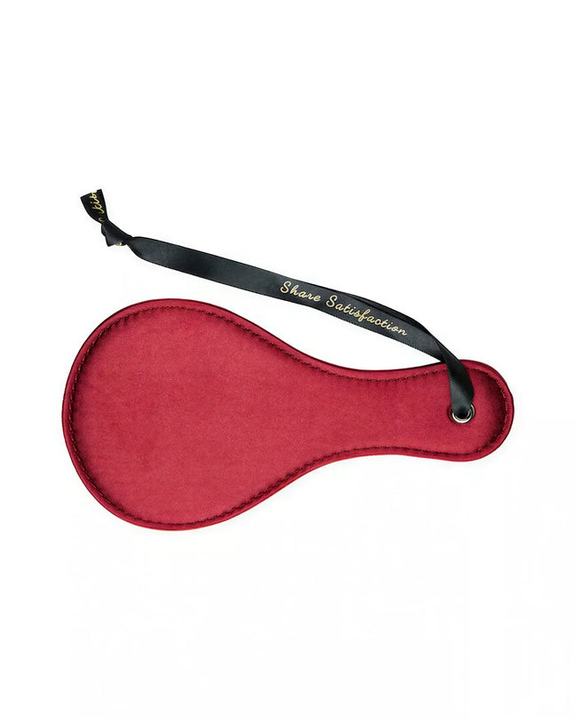 Luxury paddle in deep red with a black ribbon handle, featuring the text "Share Satisfaction" embossed on the ribbon.