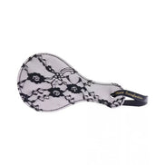 Luxury paddle featuring a black lace design with a curved shape and a black handle.