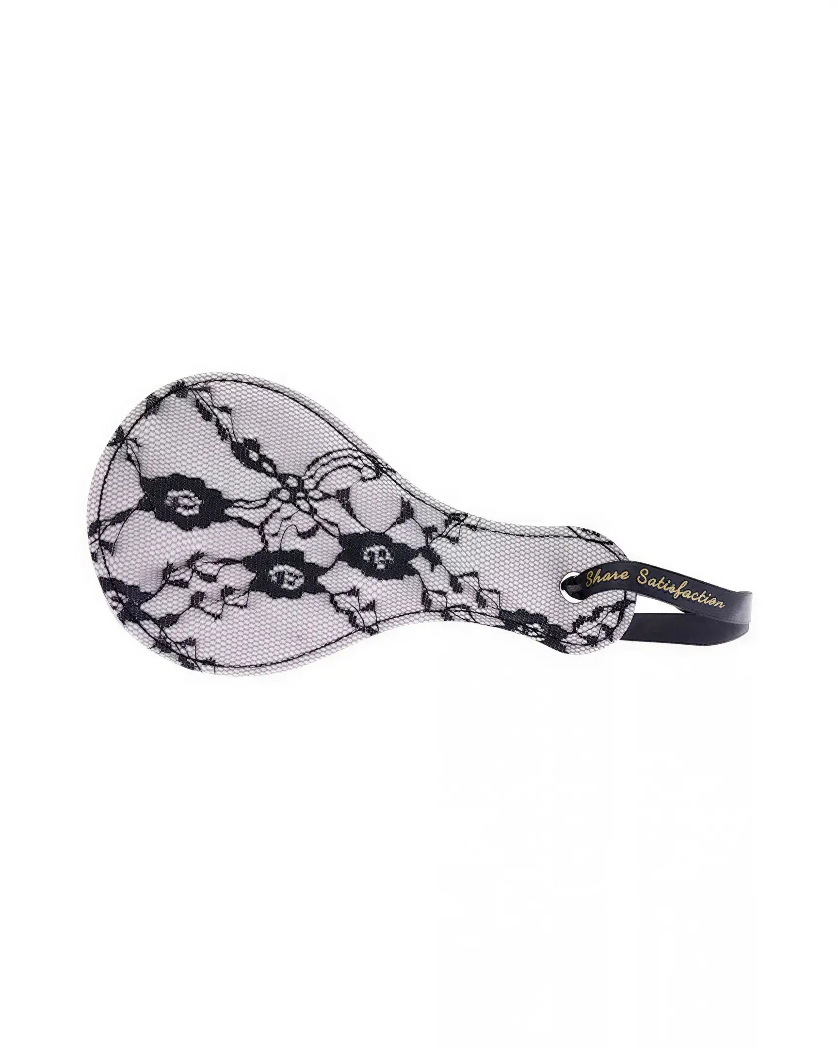 Luxury paddle featuring a black lace design with a curved shape and a black handle.