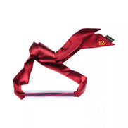 Luxury bar gag with a shiny silver bar and a deep red satin ribbon tied in a bow.
