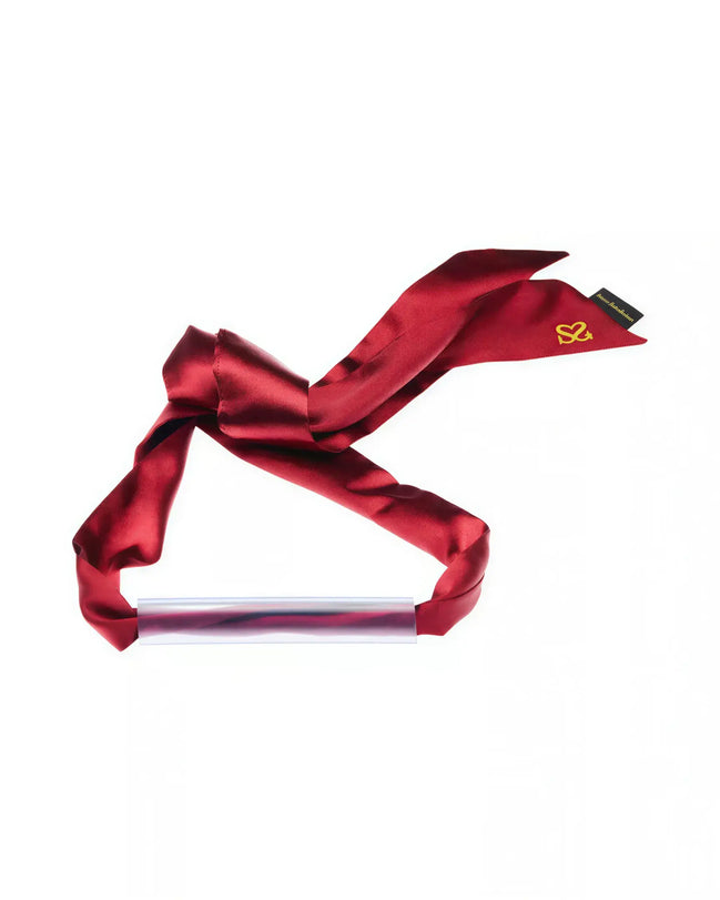 Luxury bar gag with a shiny silver bar and a deep red satin ribbon tied in a bow.