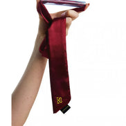 Luxury bar gag in burgundy satin held by a hand, featuring a sleek design and a logo tag.