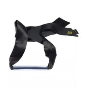 Luxury bar gag with a silver bar and black satin ribbons, featuring a logo tag on one ribbon.