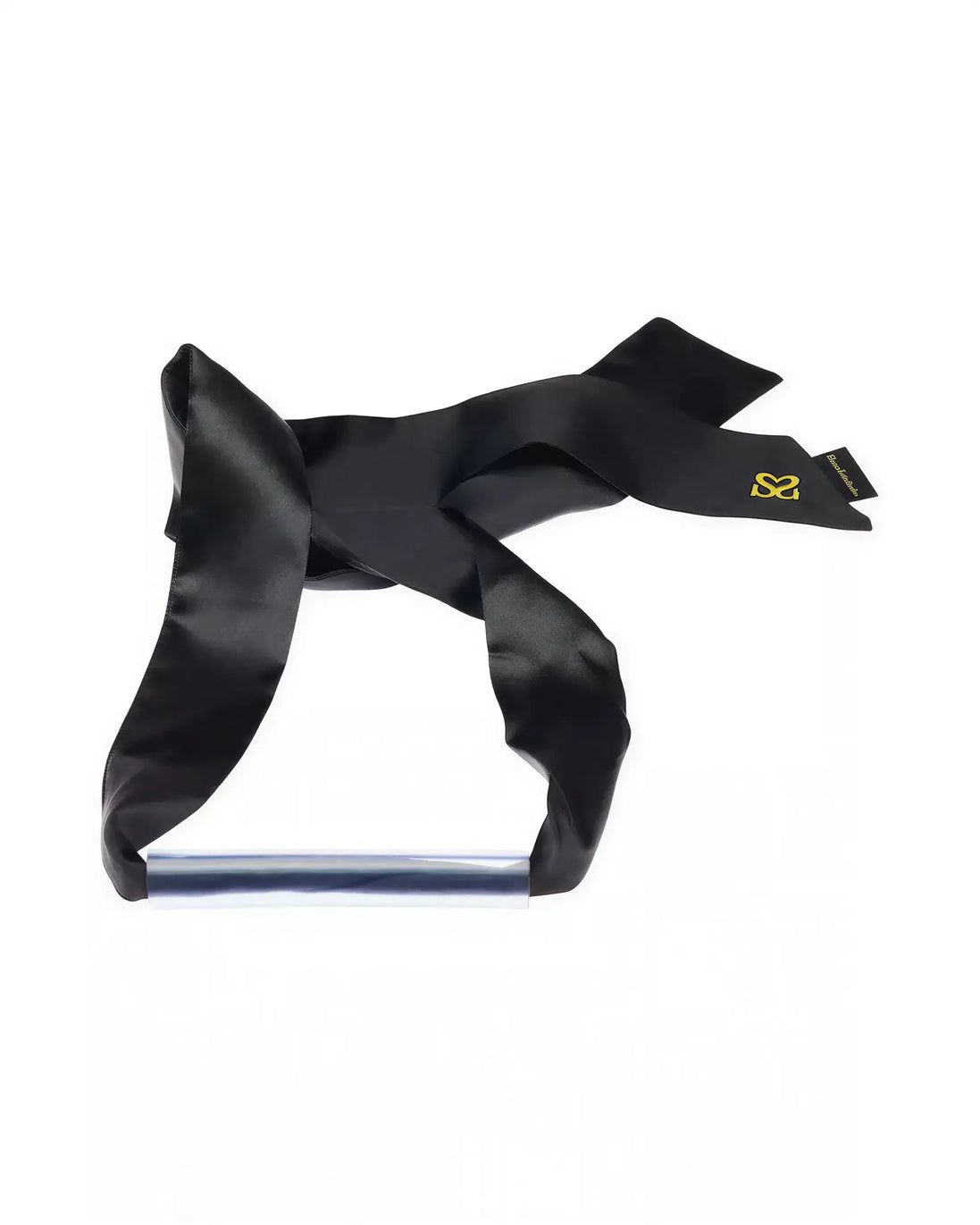 Luxury bar gag with a silver bar and black satin ribbons, featuring a logo tag on one ribbon.