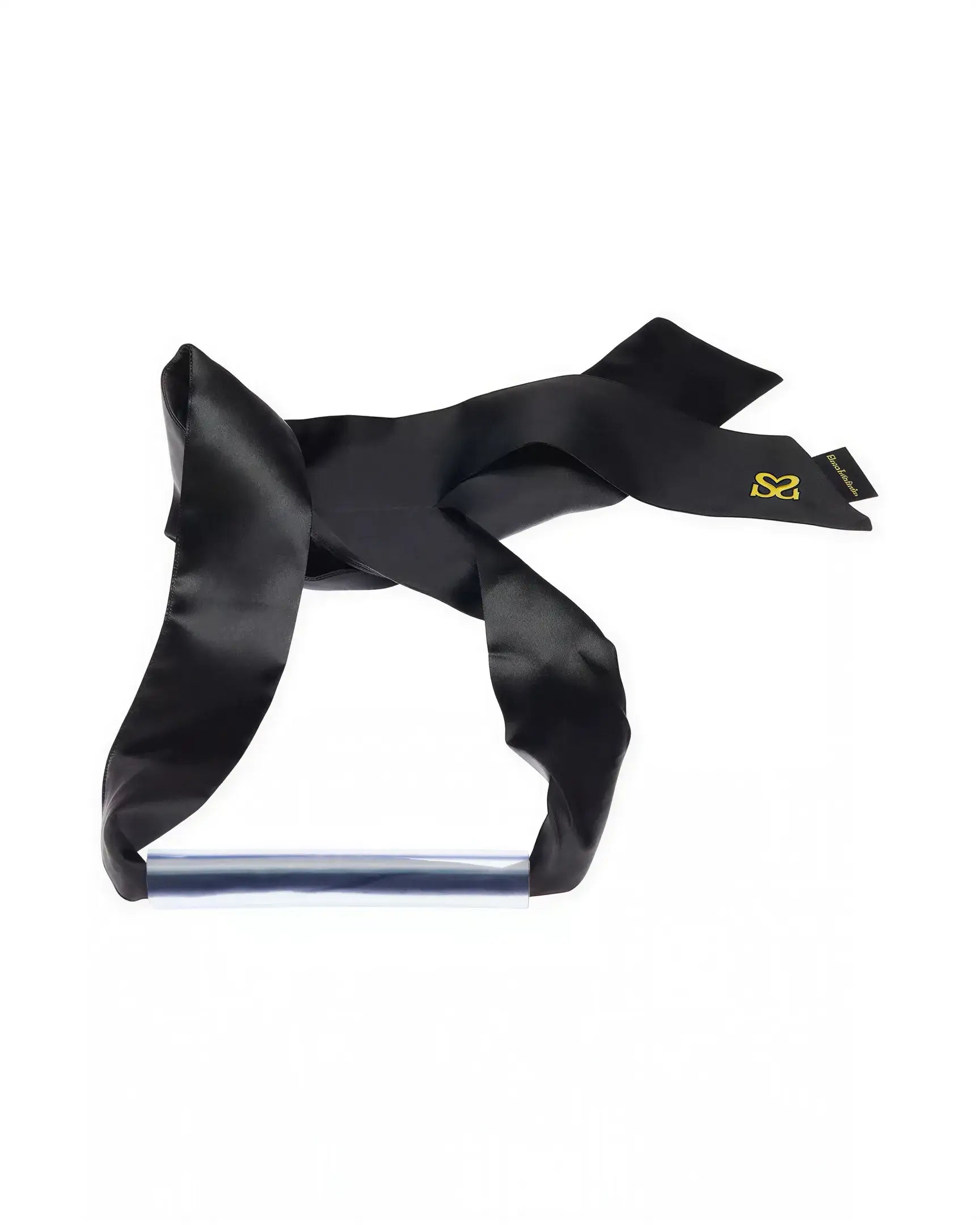 Luxury bar gag with a silver bar and black satin ribbons, featuring a logo tag on one ribbon.