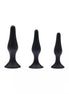 Share Satisfaction black plug kit featuring three varying sizes with smooth, tapered designs and flared bases.