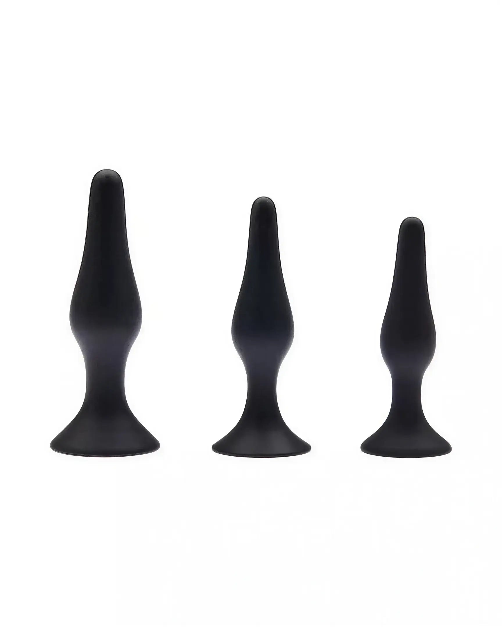 Share Satisfaction black plug kit featuring three varying sizes with smooth, tapered designs and flared bases.