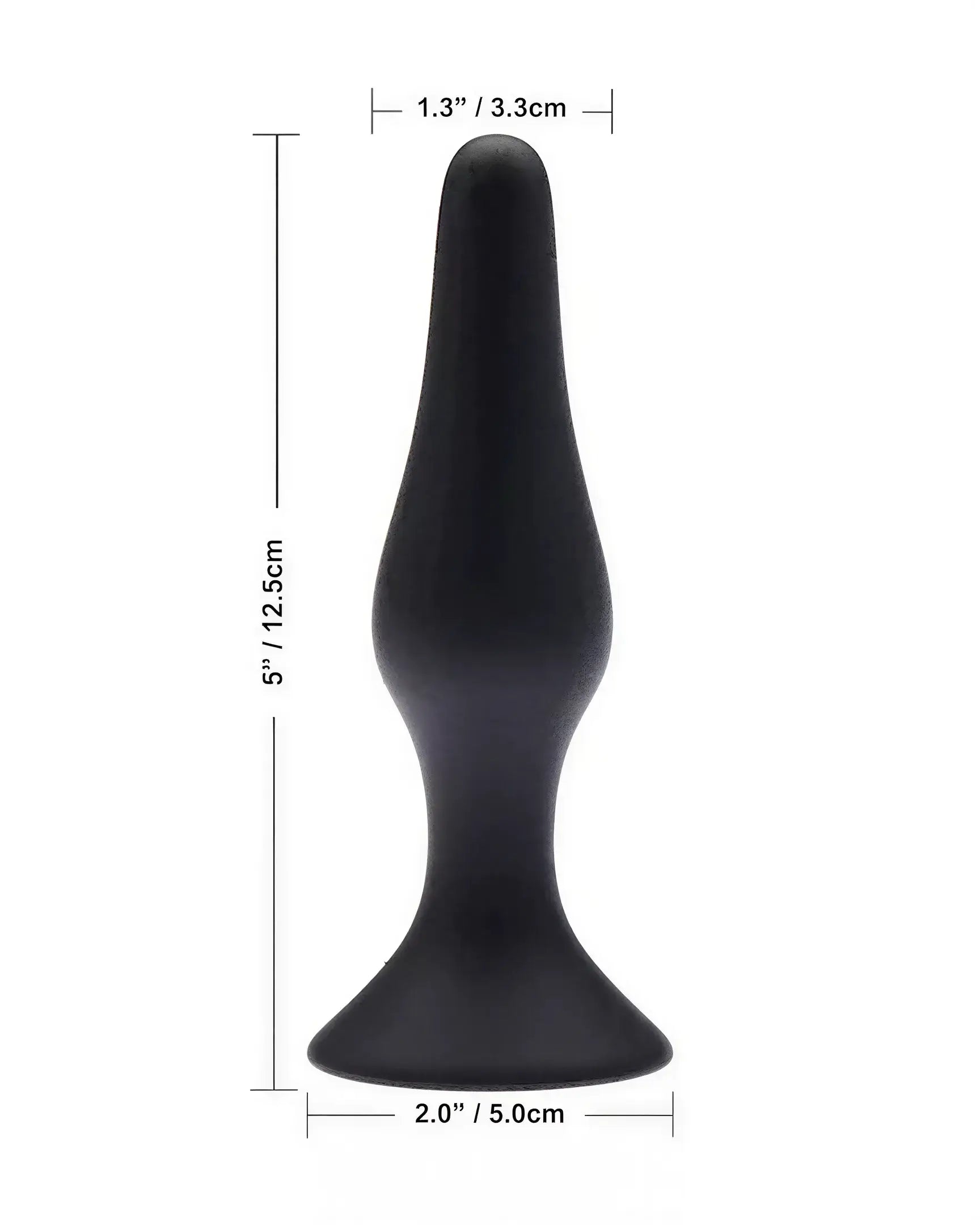 Black plug from the Share Satisfaction 3 piece kit, featuring a tapered design and a flared base for safety.