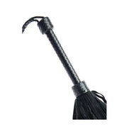 Black lambskin and faux fur flogger with a braided handle and long, soft tassels.