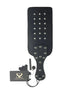 Share Satisfaction Bound X Wide studded paddle with a black leather surface and silver studs, featuring a hang tag.
