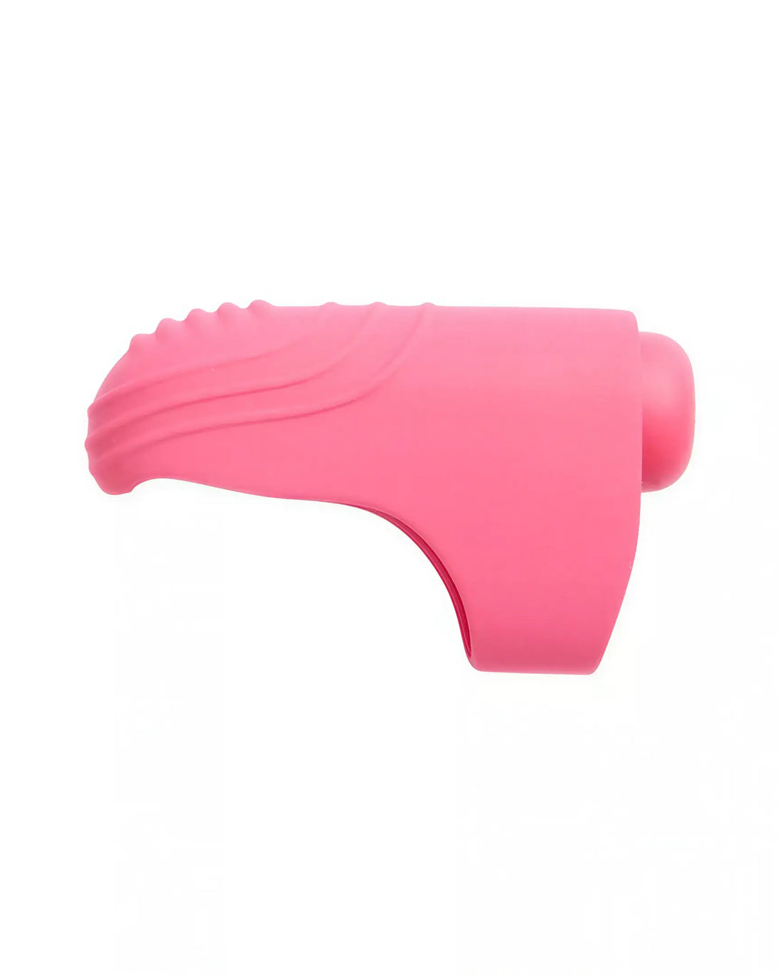Pink Share Satisfaction finger vibe with textured grip and rounded tip, shown from a side angle.