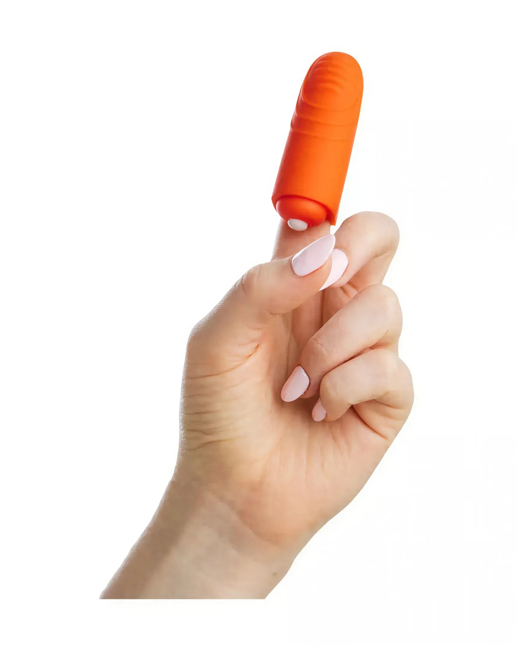 Orange Share Satisfaction finger vibe held between fingers, showcasing its textured surface and compact design.