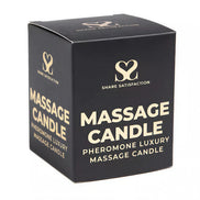 Black box packaging for Share Satisfaction massage candle, labeled with product name and pheromone luxury details.