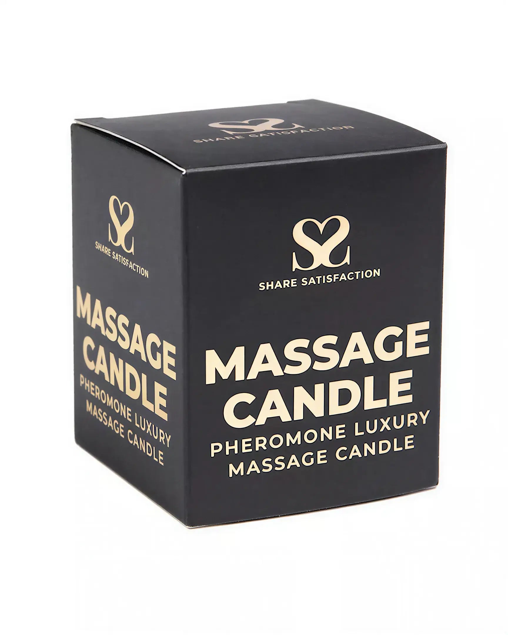 Black box packaging for Share Satisfaction massage candle, labeled with product name and pheromone luxury details.