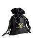 Small black satin bag with a drawstring closure and "Share Satisfaction" logo in gold.