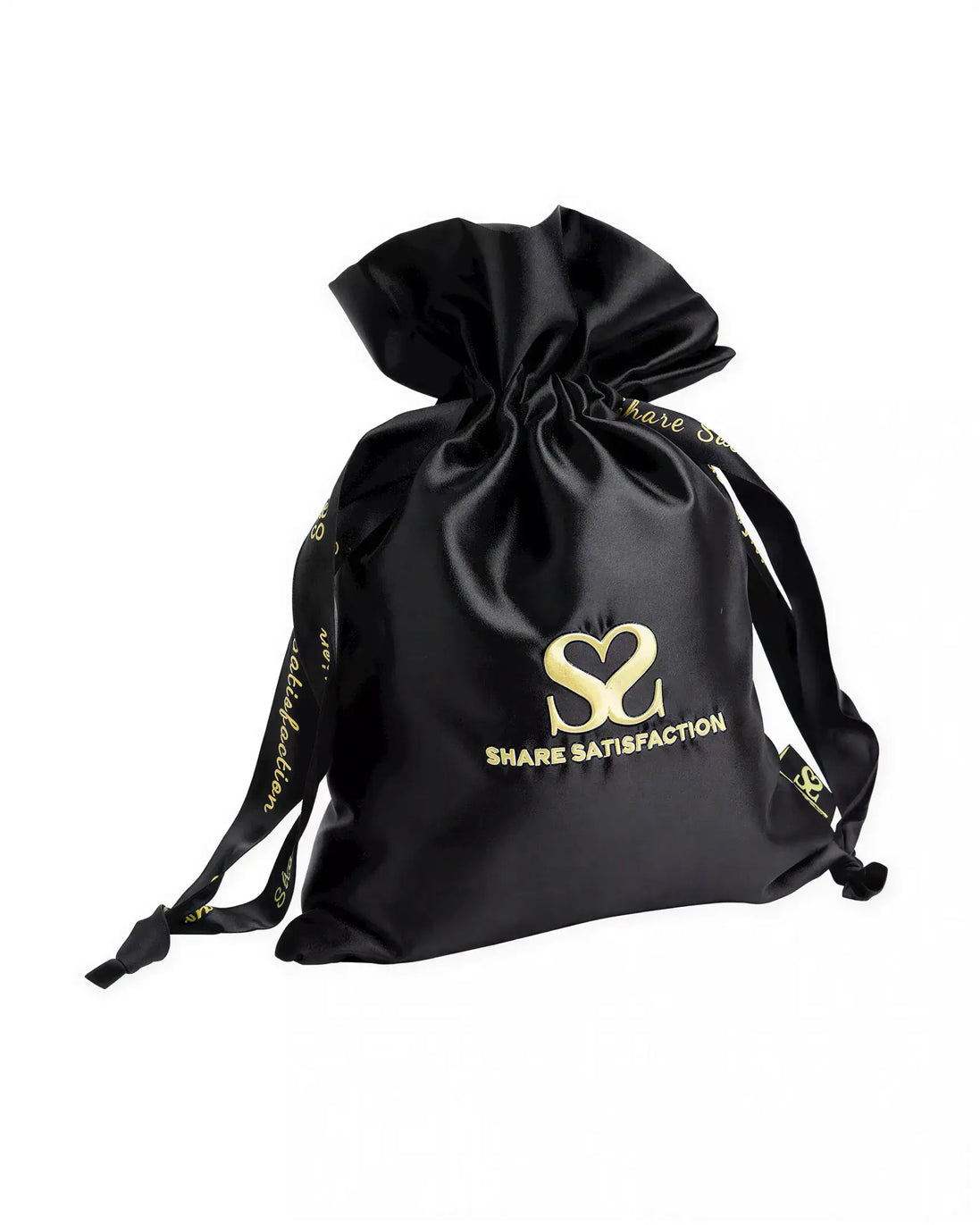 Small black satin bag with a drawstring closure and "Share Satisfaction" logo in gold.