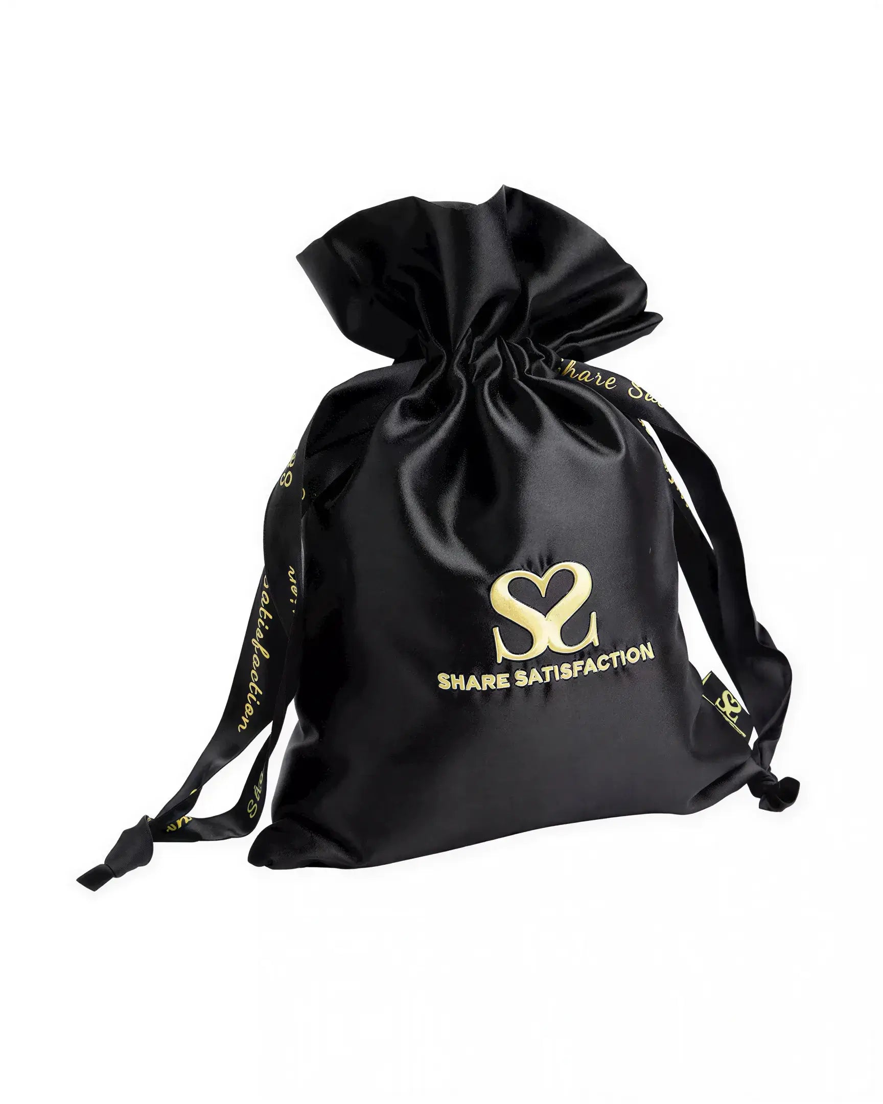 Small black satin bag with a drawstring closure and 