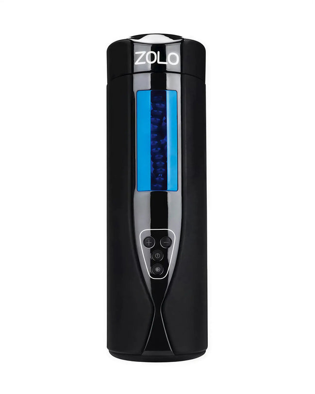 Zolo Tornado masturbator in black with a blue viewing window and control buttons on the front.