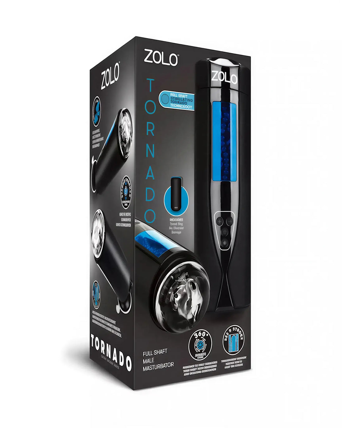 Zolo Tornado male masturbator in a black and blue packaging with product details and images on the box.