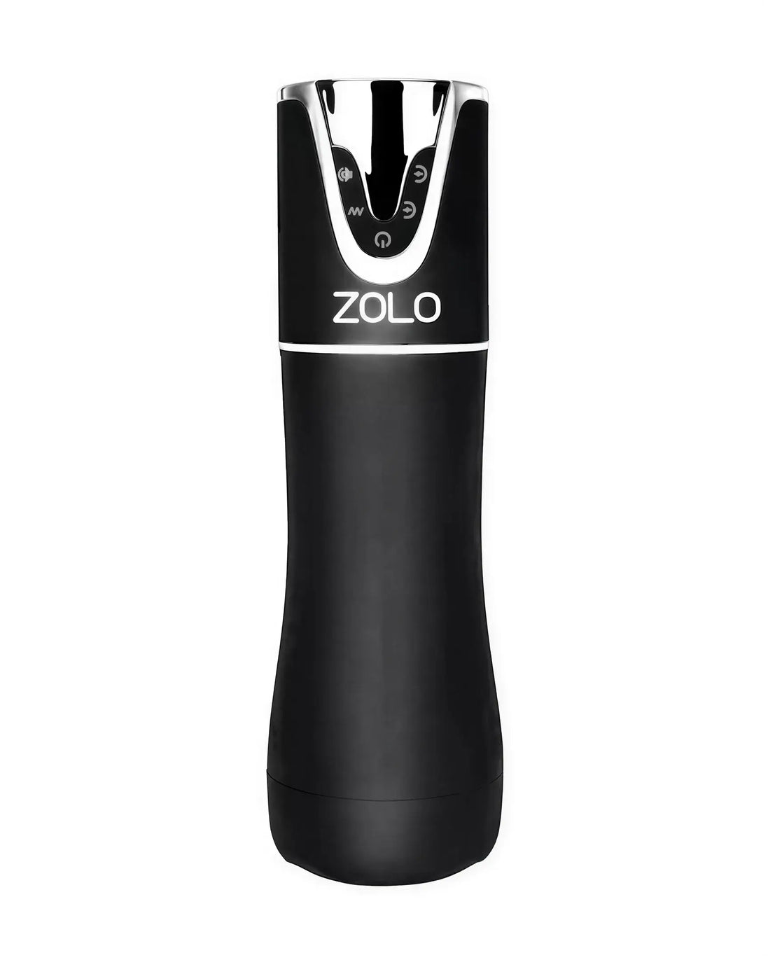 Zolo automatic blowjob masturbator in black with chrome accents and control buttons on the top.