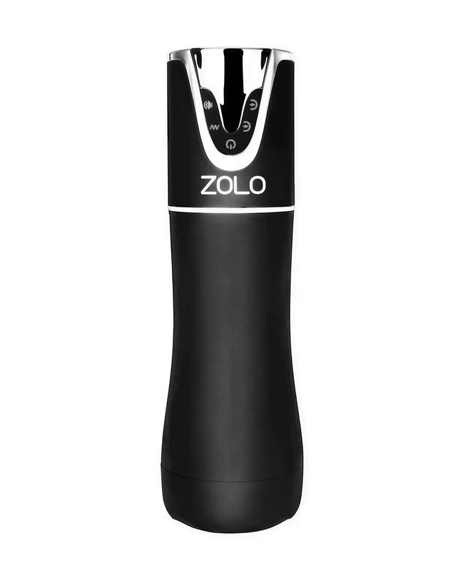 Zolo automatic blowjob masturbator in black with chrome accents and control buttons on the top.