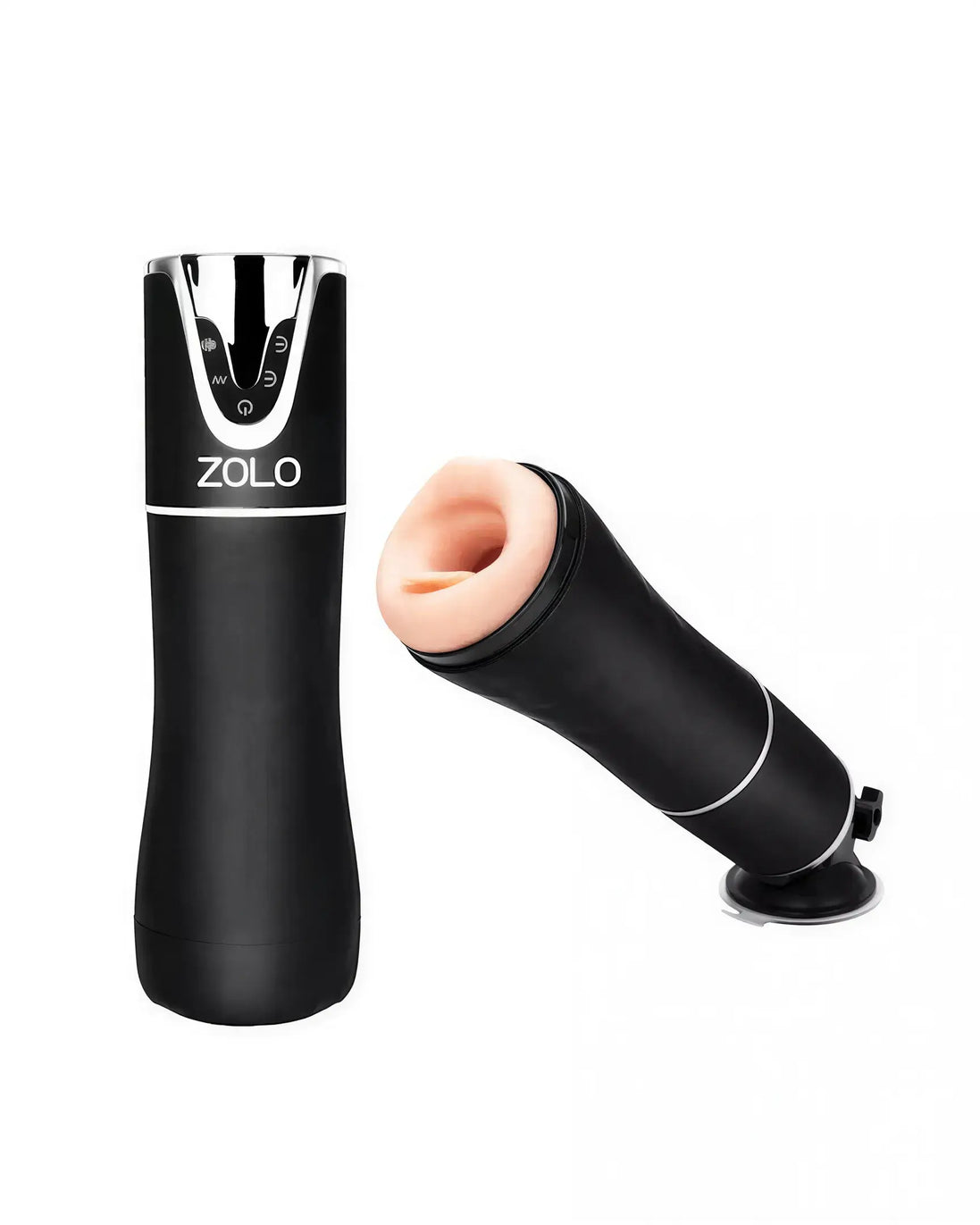 Zolo automatic blowjob masturbator in black with a realistic textured sleeve and control buttons on top.