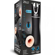 Zolo automatic blowjob masturbator in black packaging with a realistic opening and product details on the box.
