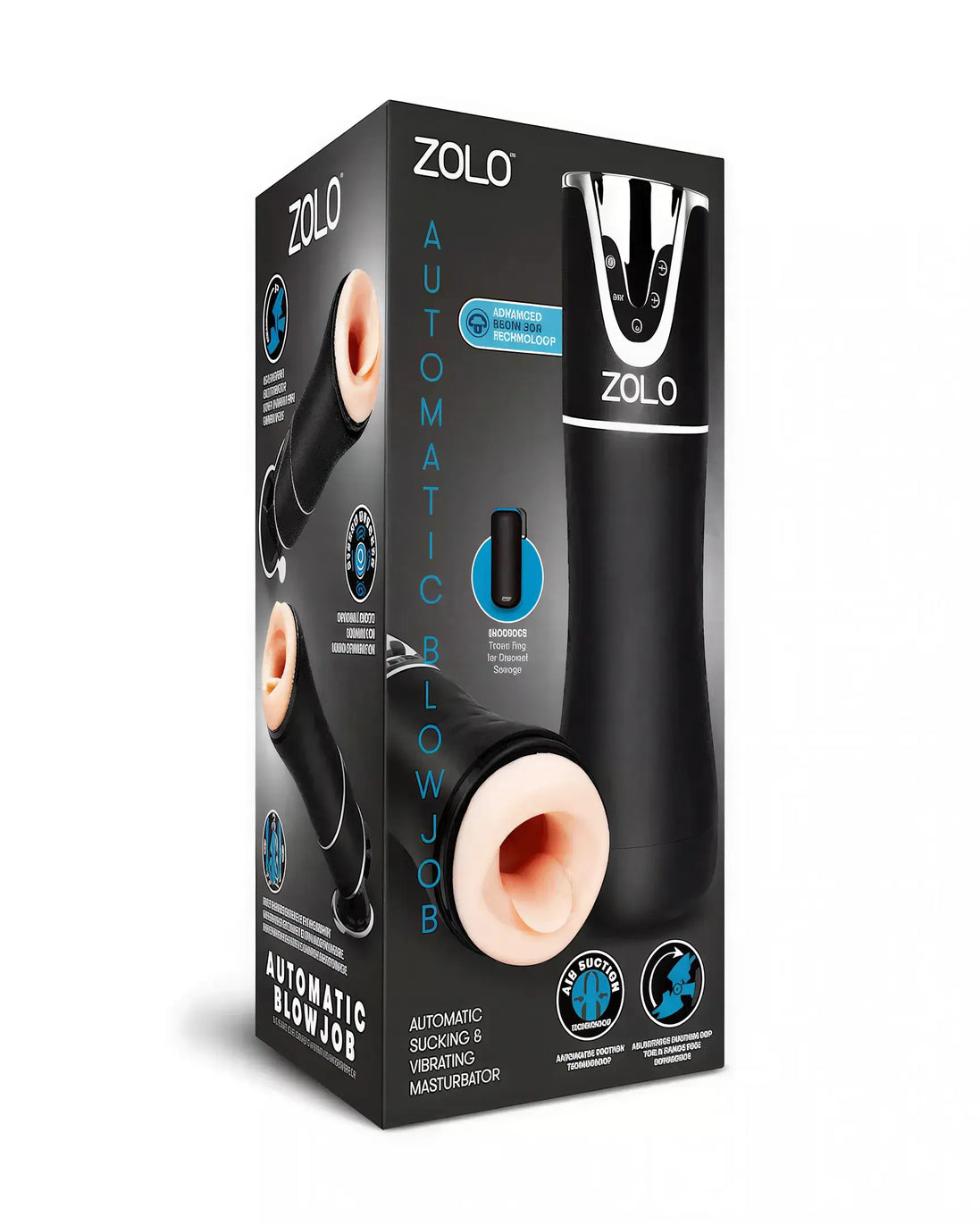 Zolo automatic blowjob masturbator in black packaging with a realistic opening and product details on the box.
