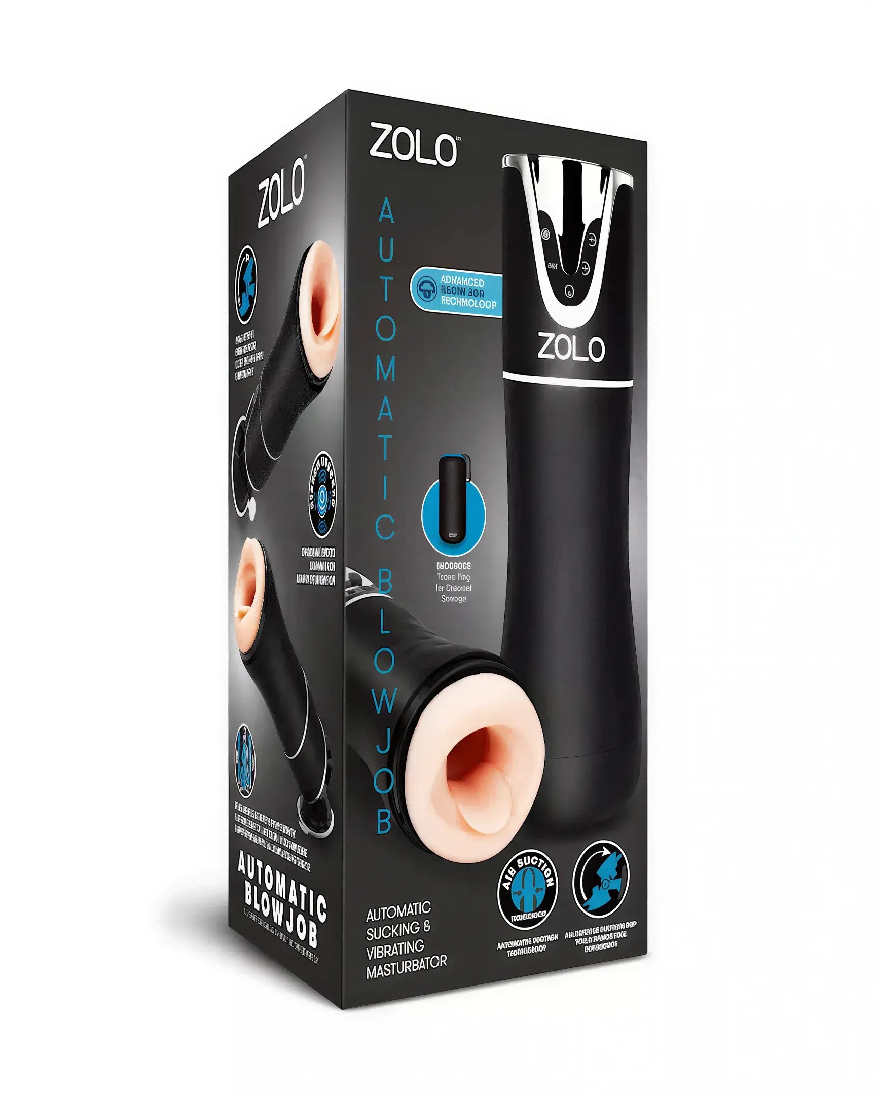 Zolo automatic blowjob masturbator in black packaging with a realistic opening and product details on the box.