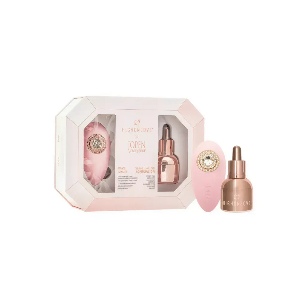 High On Love Pave Grace gift set featuring a pink box, oil dropper, and silicone massager.