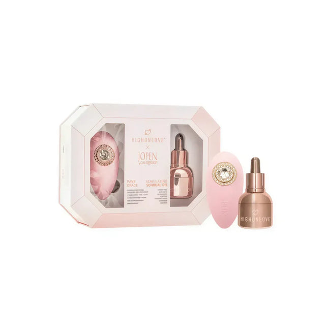 High On Love Pave Grace gift set featuring a pink box, oil dropper, and silicone massager.