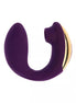 Share Satisfaction Sutra in purple silicone with a gold accent, featuring a curved design for ergonomic use.